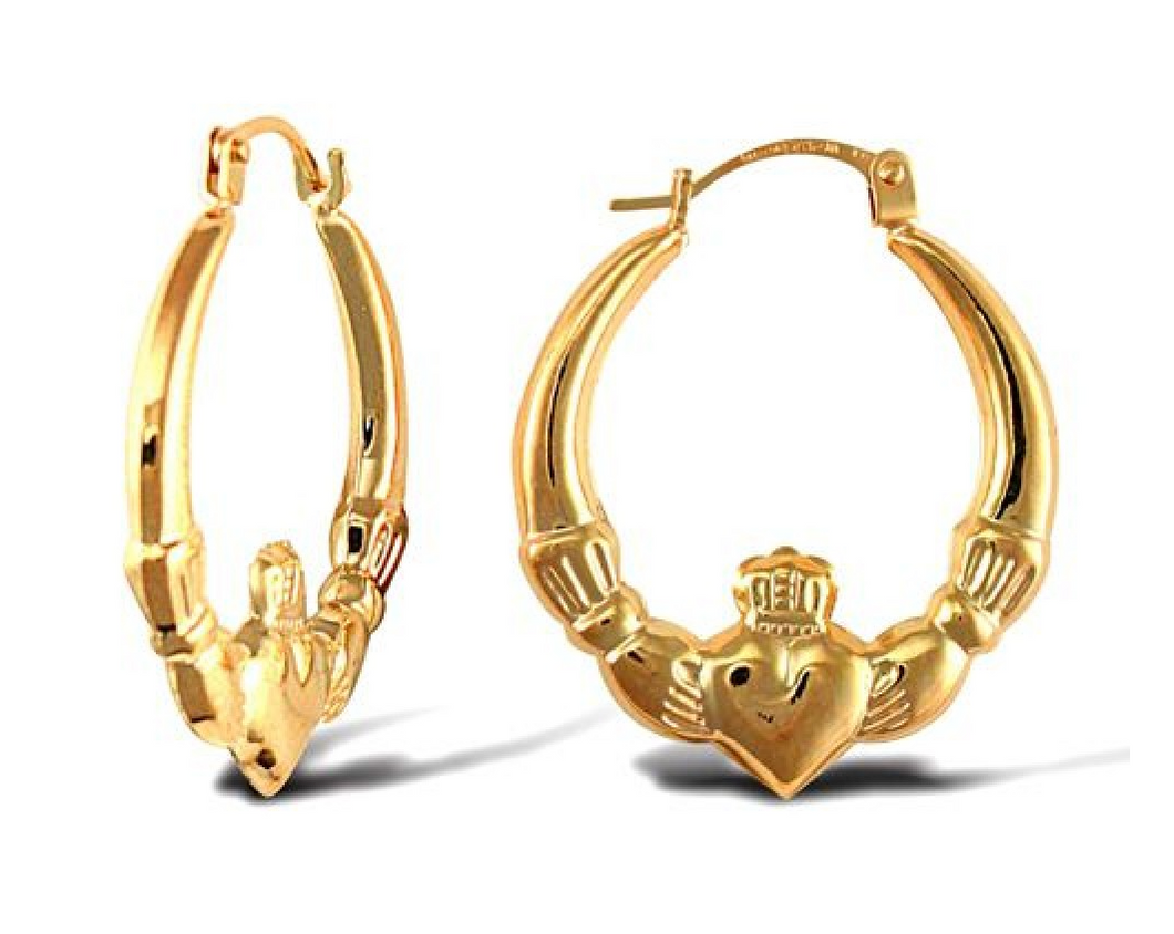 9ct Yellow Gold Claddagh Creole Hoop Earrings Solid 9K Gold Earrings -*NEW*